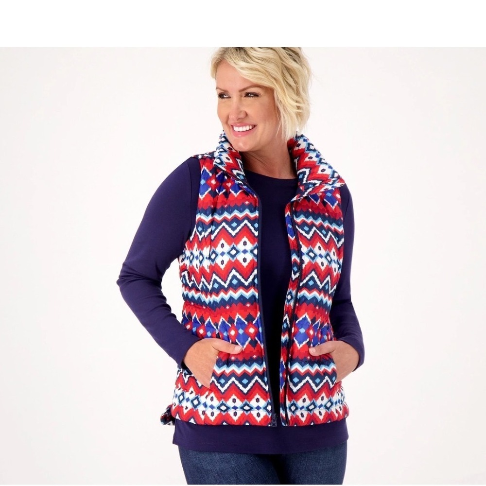 Lands End Womens Down Puffer Vest Red Blue Fair Isle Water Resistant Medium NWT
